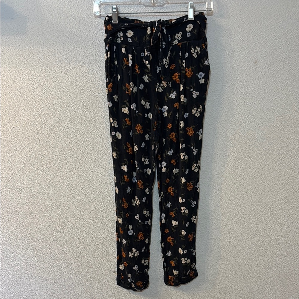 American Eagle Navy Blue Tie Waist Floral Pants